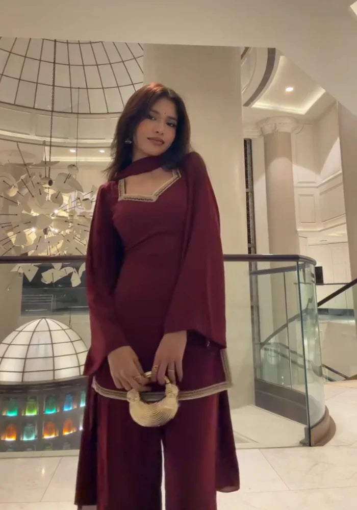 Maroon Georgette Suit – Kurta, Pant & Dupatta Set