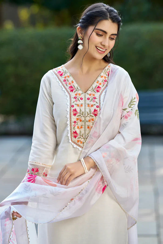 White Embroidered Chinon Solid Straight Kurta With Dupatta Set