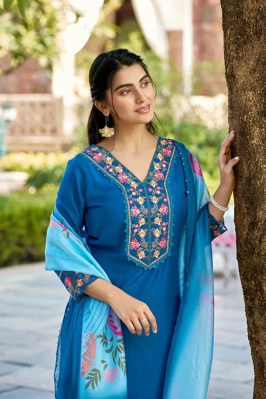 Teal Blue Embroidered Chinon Solid Straight Kurta With Dupatta Set