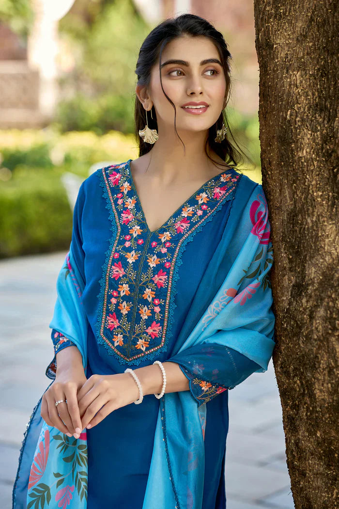 Teal Blue Embroidered Chinon Solid Straight Kurta With Dupatta Set