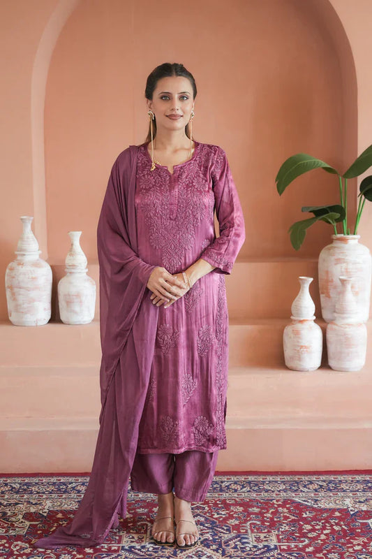 Gulnaar chinon chikankari 3 pc set in Wine
