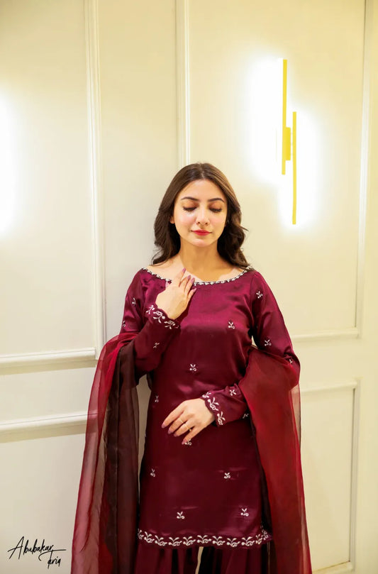 SOLID PURPLE EMBROIDERED KURTA WITH FARSHI SHALWAR AND DUPATTA