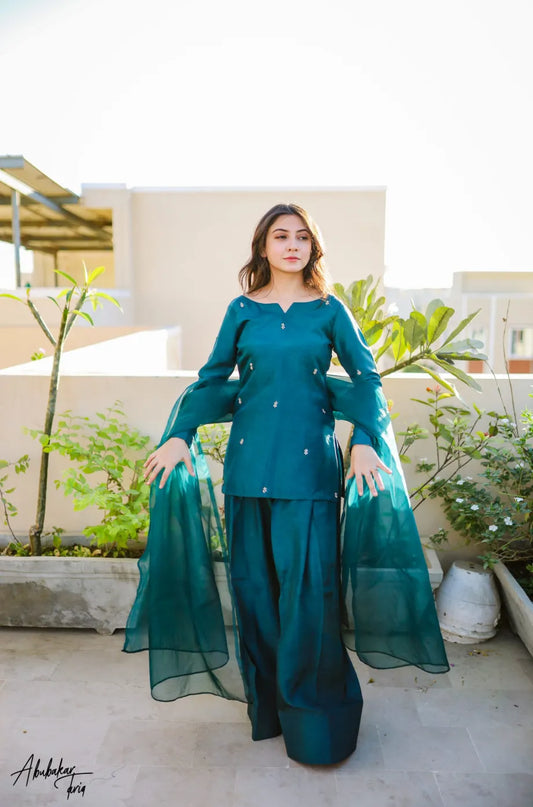 SOLID PEACOCK HAND EMBELLISHED KURTA WITH FARSHI SHALWAR AND DUPATTA