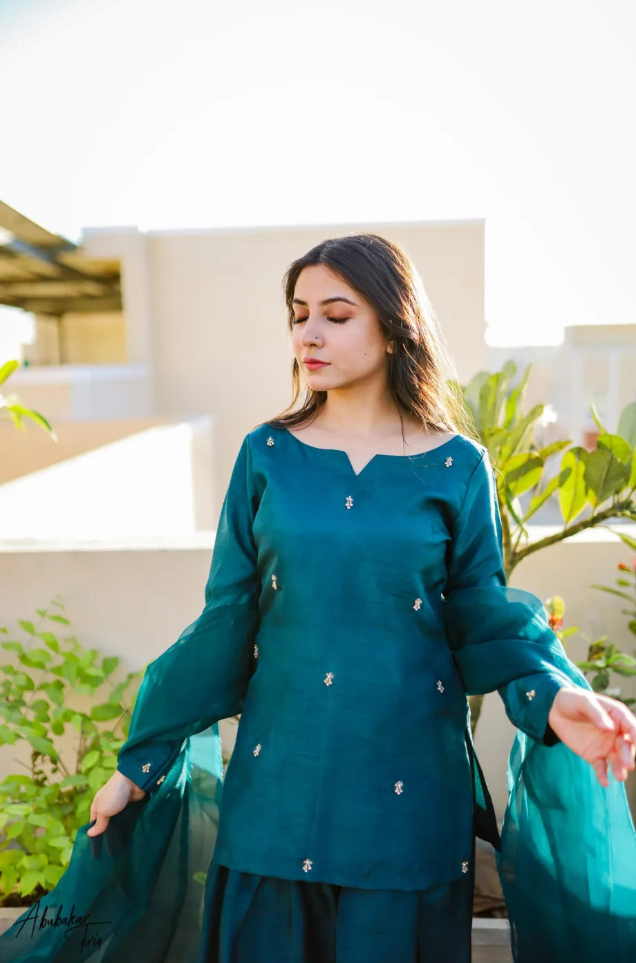 SOLID PEACOCK HAND EMBELLISHED KURTA WITH FARSHI SHALWAR AND DUPATTA