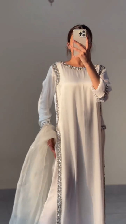 Ivory Silk Straight Kurti Set with Silver Crystal Stone Work & Dupatta