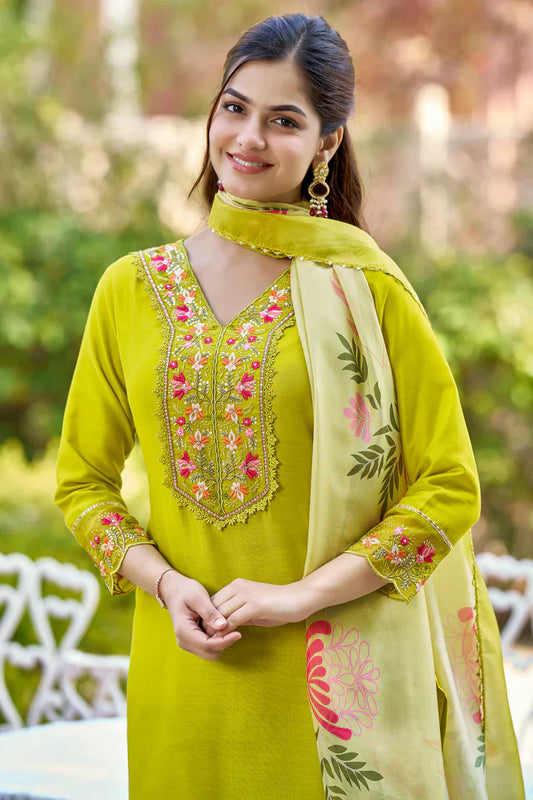 Neon Embroidered Chinon Solid Straight Kurta With Dupatta Set