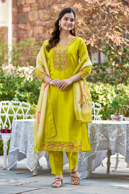 Neon Embroidered Chinon Solid Straight Kurta With Dupatta Set