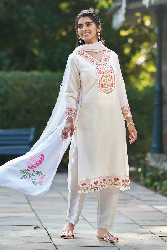 White Embroidered Chinon Solid Straight Kurta With Dupatta Set