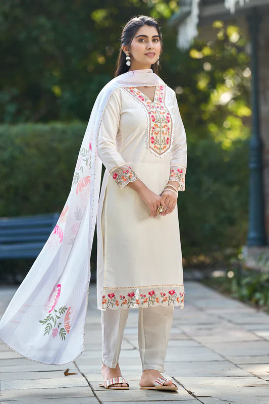 White Embroidered Chinon Solid Straight Kurta With Dupatta Set