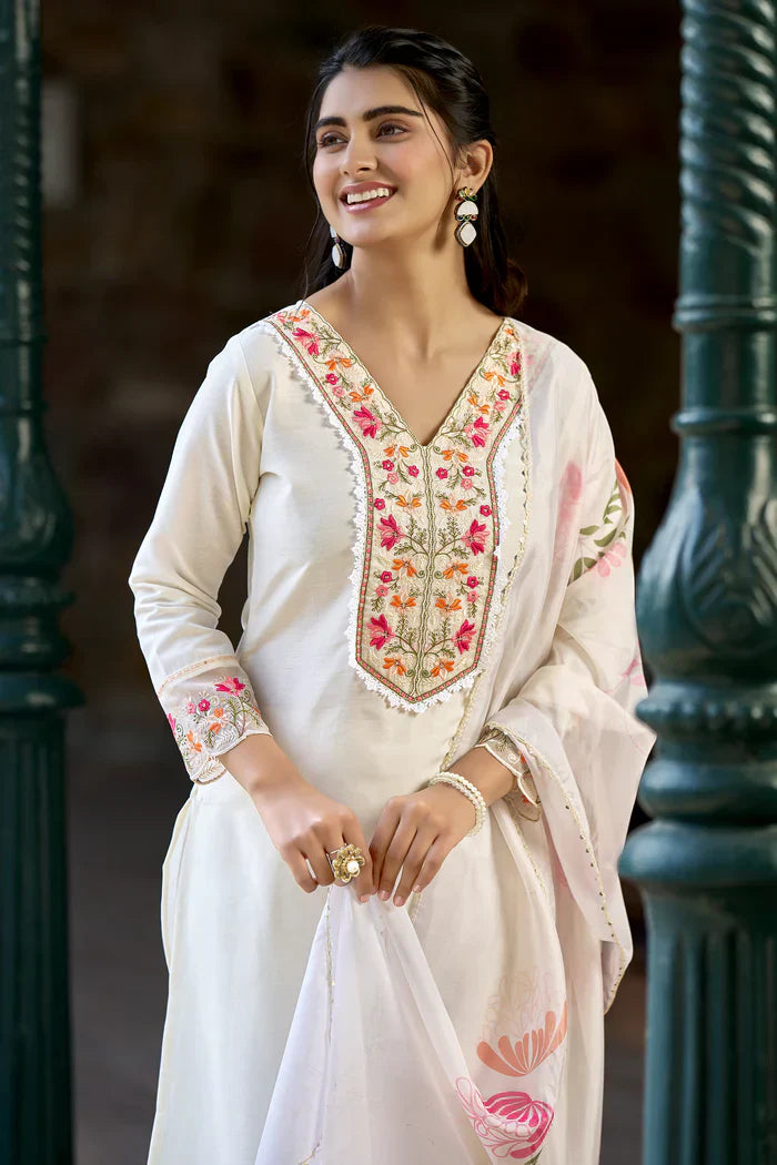 White Embroidered Chinon Solid Straight Kurta With Dupatta Set