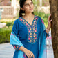 Teal Blue Embroidered Chinon Solid Straight Kurta With Dupatta Set