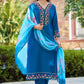 Teal Blue Embroidered Chinon Solid Straight Kurta With Dupatta Set