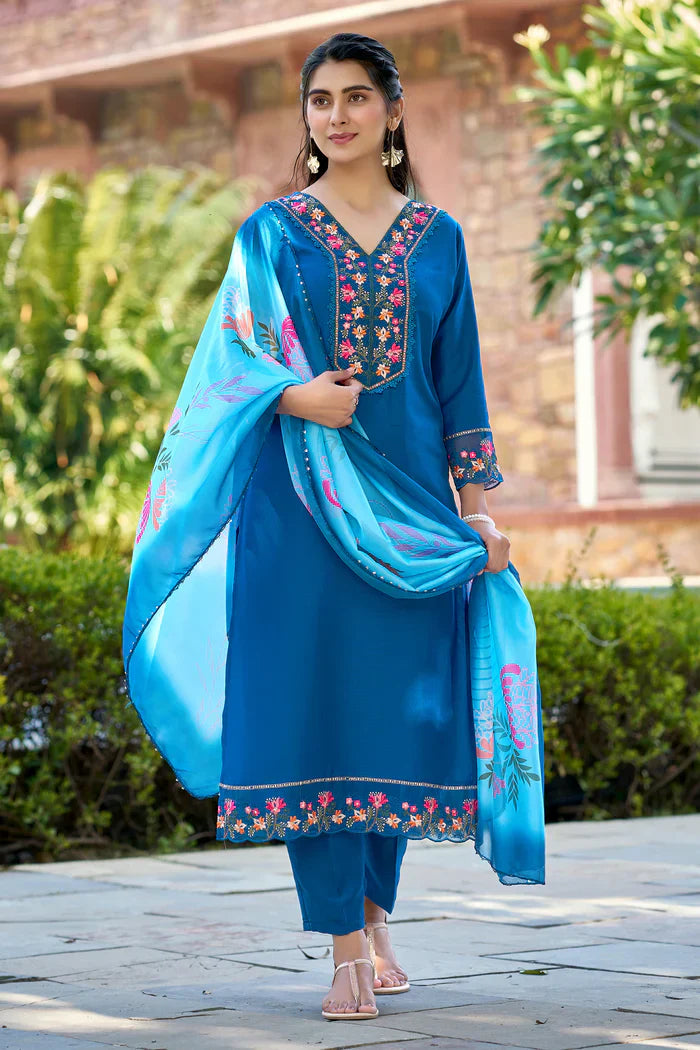 Teal Blue Embroidered Chinon Solid Straight Kurta With Dupatta Set