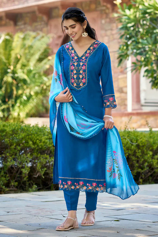 Teal Blue Embroidered Chinon Solid Straight Kurta With Dupatta Set