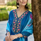 Teal Blue Embroidered Chinon Solid Straight Kurta With Dupatta Set