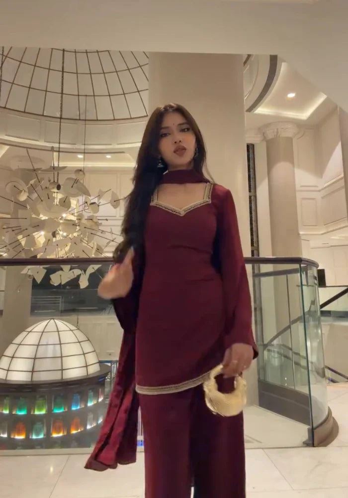 Maroon Georgette Suit – Kurta, Pant & Dupatta Set