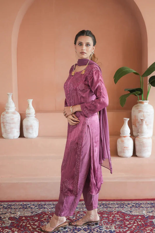 Gulnaar chinon chikankari 3 pc set in Wine