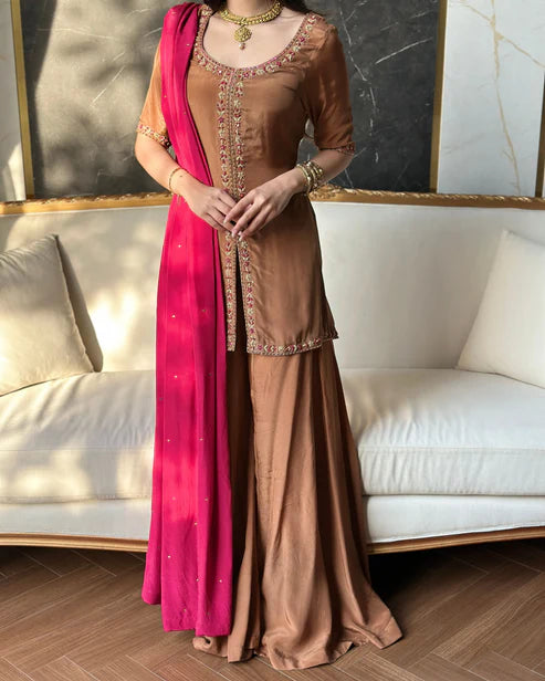 Gulerukh  Sheesha Silk Short Open Shirt with Handwork