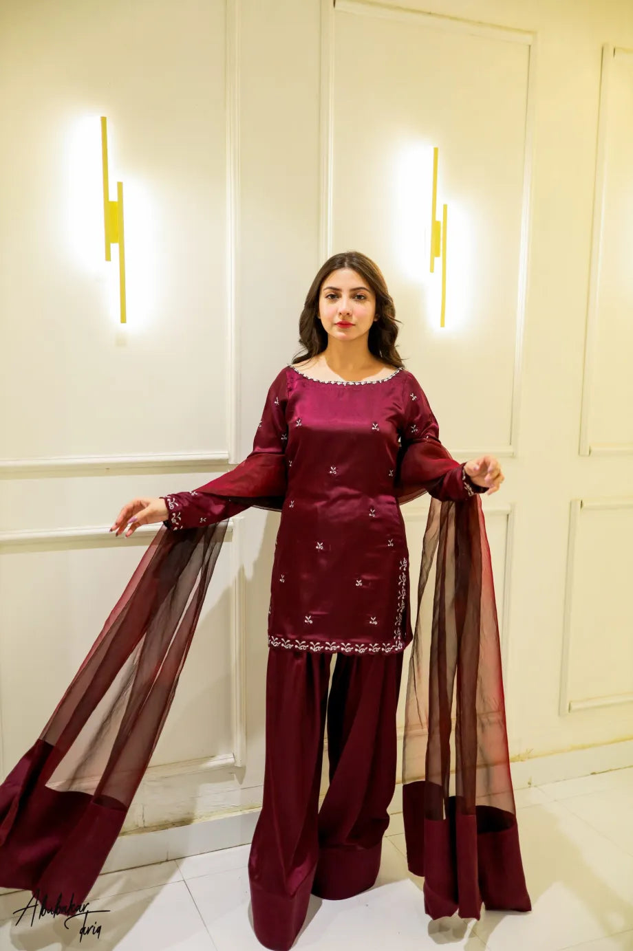 SOLID PURPLE EMBROIDERED KURTA WITH FARSHI SHALWAR AND DUPATTA