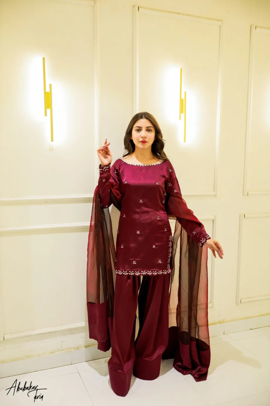 SOLID PURPLE EMBROIDERED KURTA WITH FARSHI SHALWAR AND DUPATTA