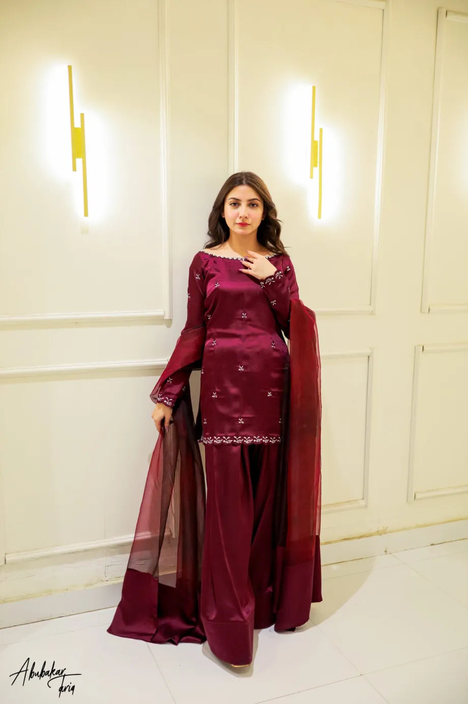 SOLID PURPLE EMBROIDERED KURTA WITH FARSHI SHALWAR AND DUPATTA