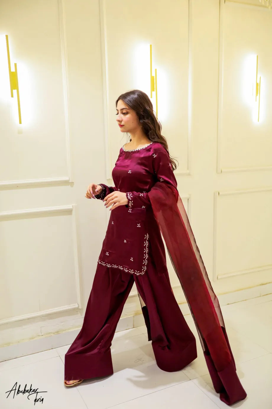 SOLID PURPLE EMBROIDERED KURTA WITH FARSHI SHALWAR AND DUPATTA