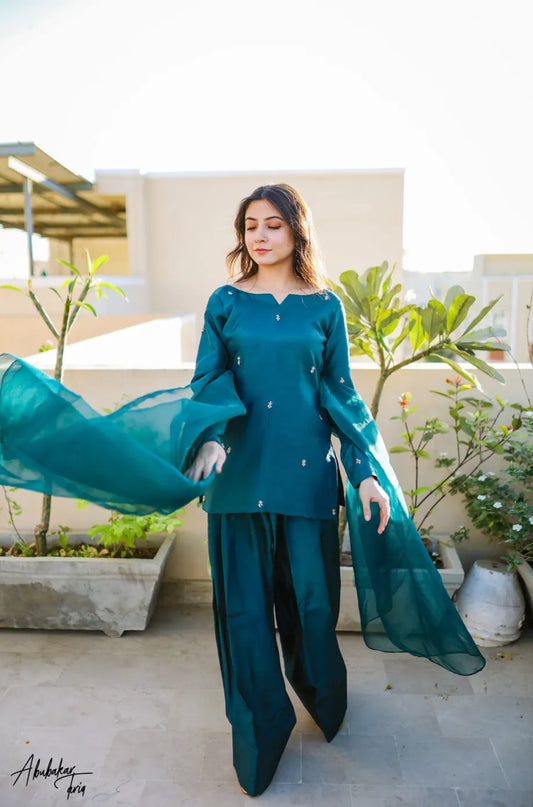 SOLID PEACOCK HAND EMBELLISHED KURTA WITH FARSHI SHALWAR AND DUPATTA