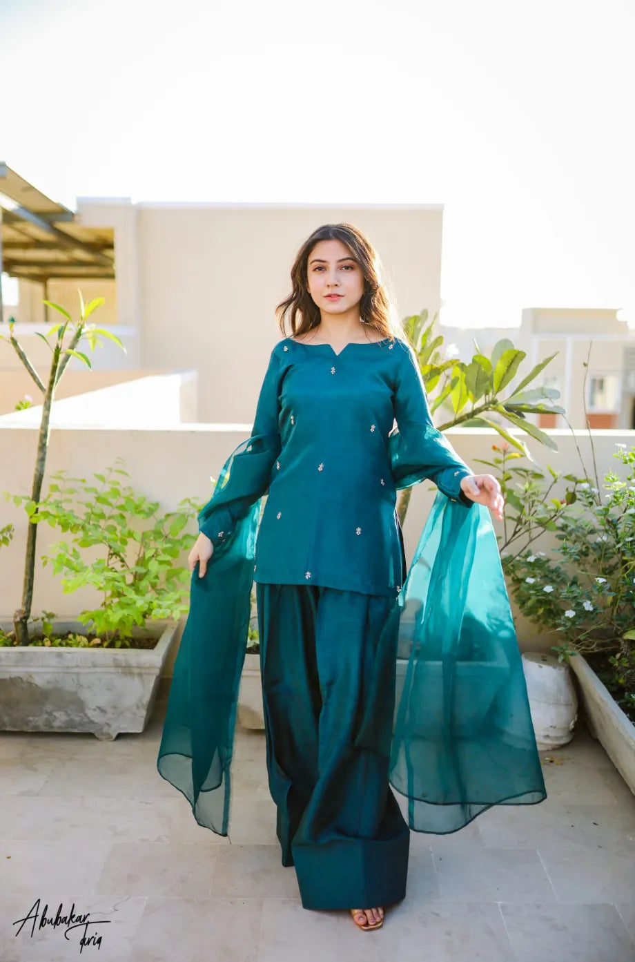 SOLID PEACOCK HAND EMBELLISHED KURTA WITH FARSHI SHALWAR AND DUPATTA