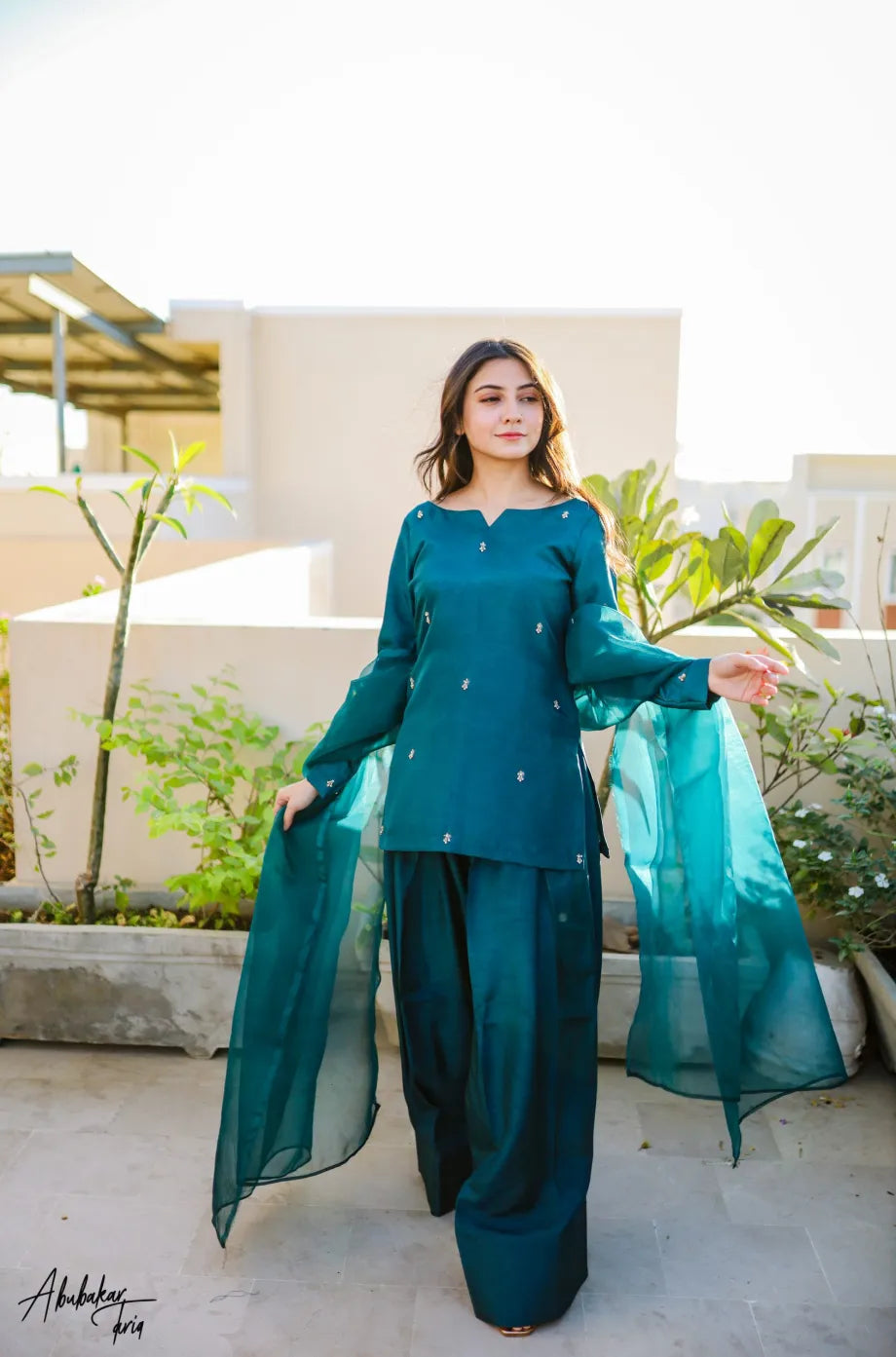 SOLID PEACOCK HAND EMBELLISHED KURTA WITH FARSHI SHALWAR AND DUPATTA