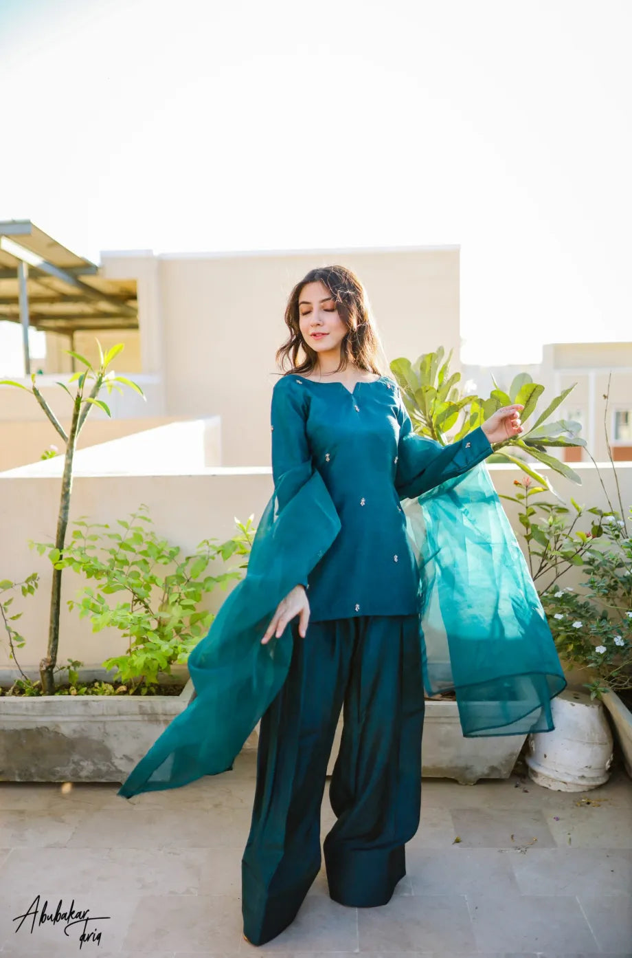 SOLID PEACOCK HAND EMBELLISHED KURTA WITH FARSHI SHALWAR AND DUPATTA