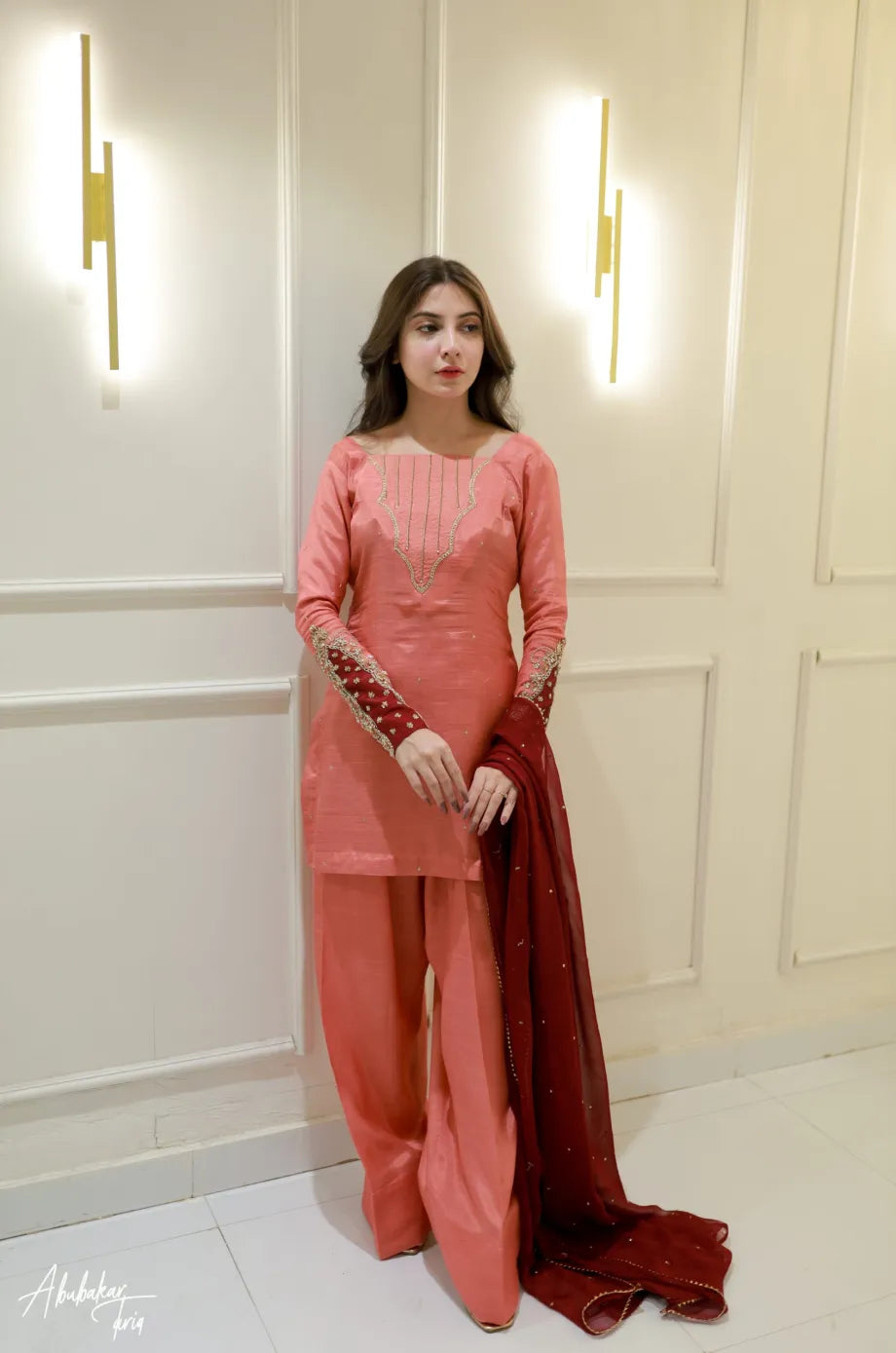 SOLID PEACH HAND EMBELLISHED KURTA WITH FARSHI SHALWAR AND DUPATTA