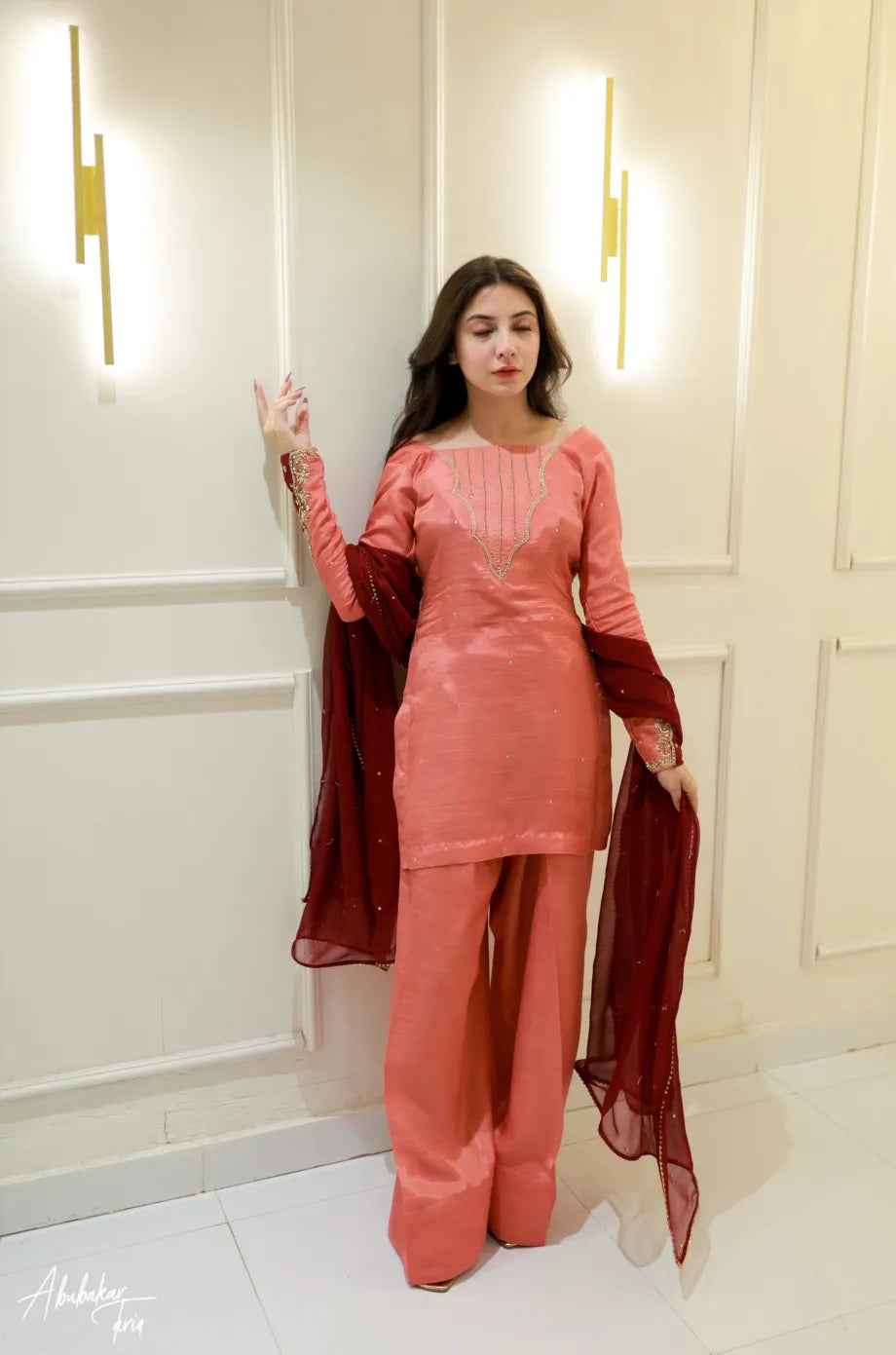 SOLID PEACH HAND EMBELLISHED KURTA WITH FARSHI SHALWAR AND DUPATTA