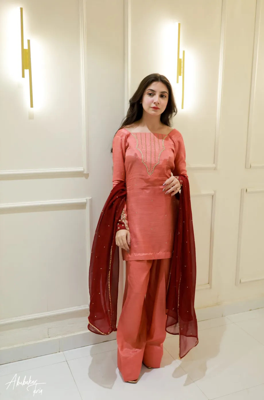 SOLID PEACH HAND EMBELLISHED KURTA WITH FARSHI SHALWAR AND DUPATTA
