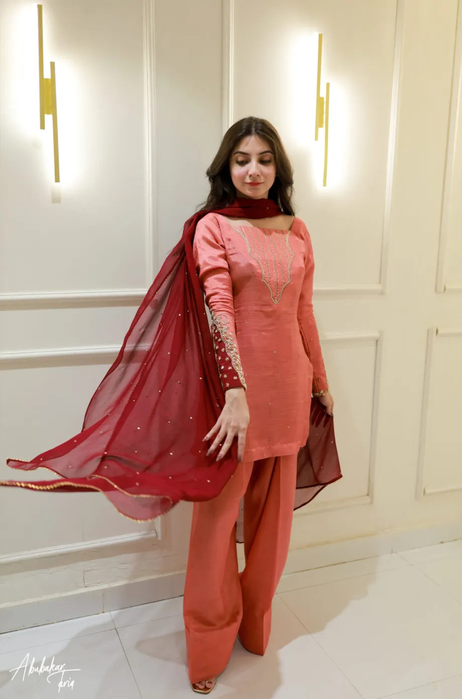 SOLID PEACH HAND EMBELLISHED KURTA WITH FARSHI SHALWAR AND DUPATTA