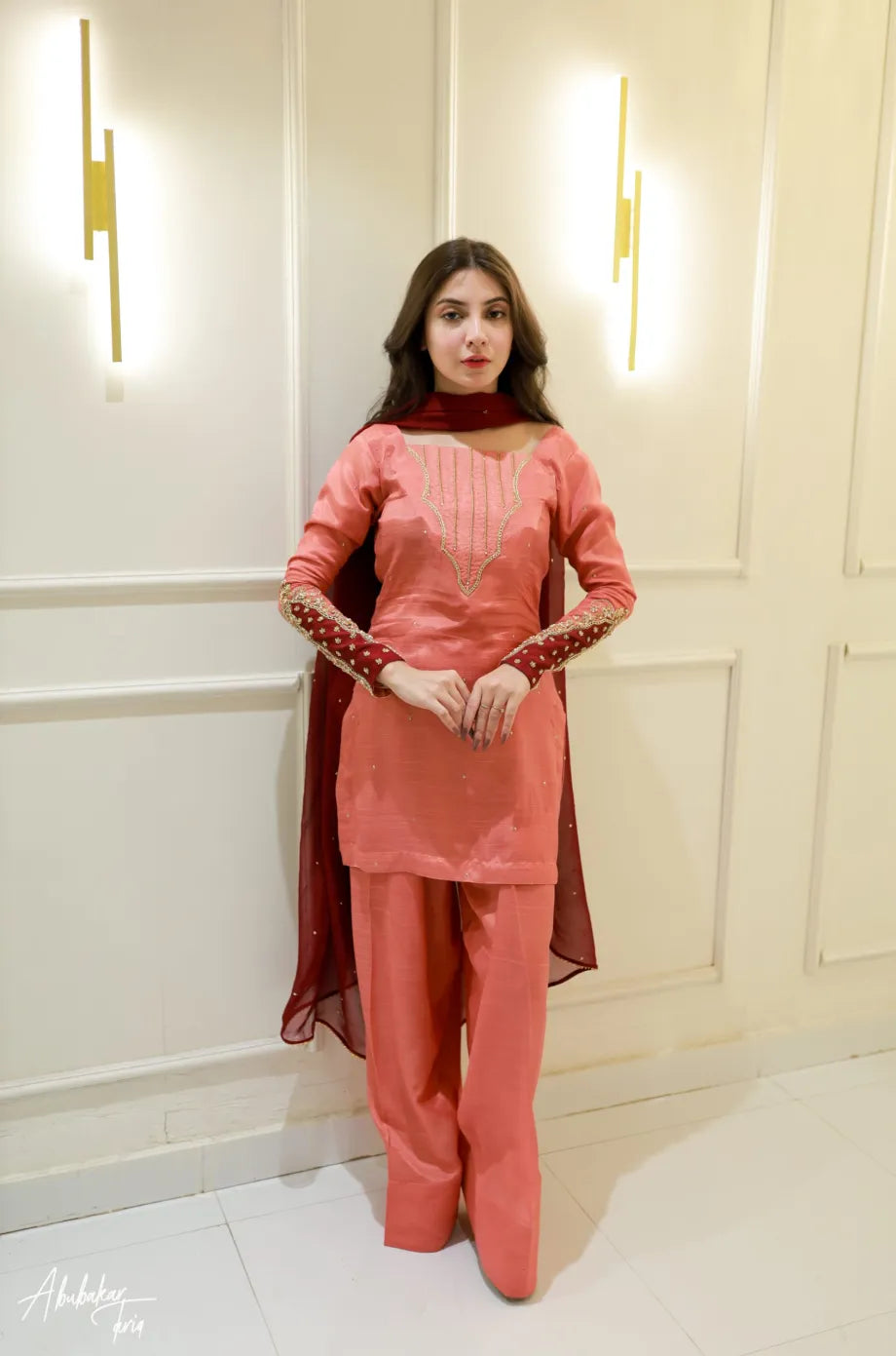 SOLID PEACH HAND EMBELLISHED KURTA WITH FARSHI SHALWAR AND DUPATTA
