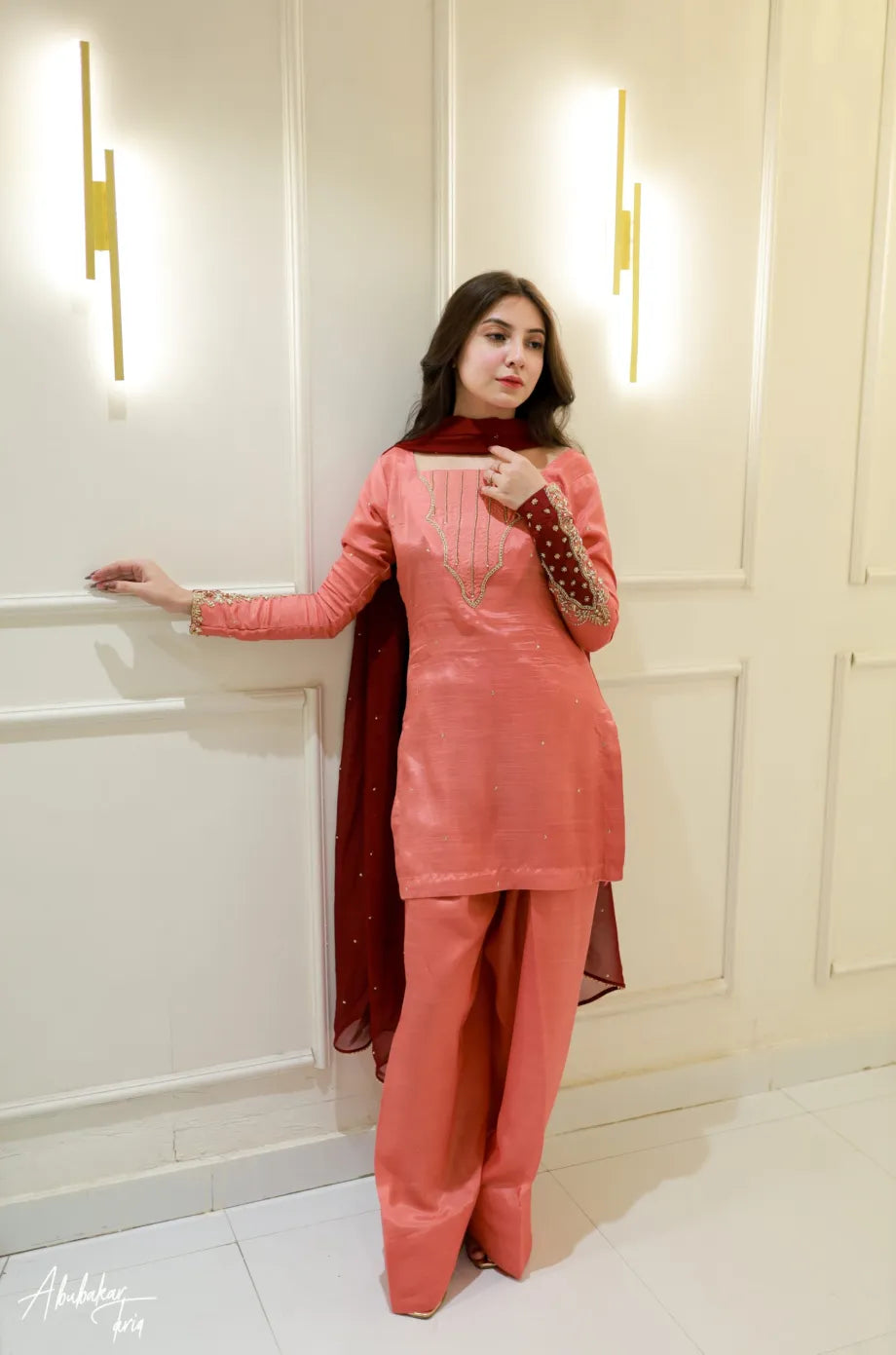 SOLID PEACH HAND EMBELLISHED KURTA WITH FARSHI SHALWAR AND DUPATTA