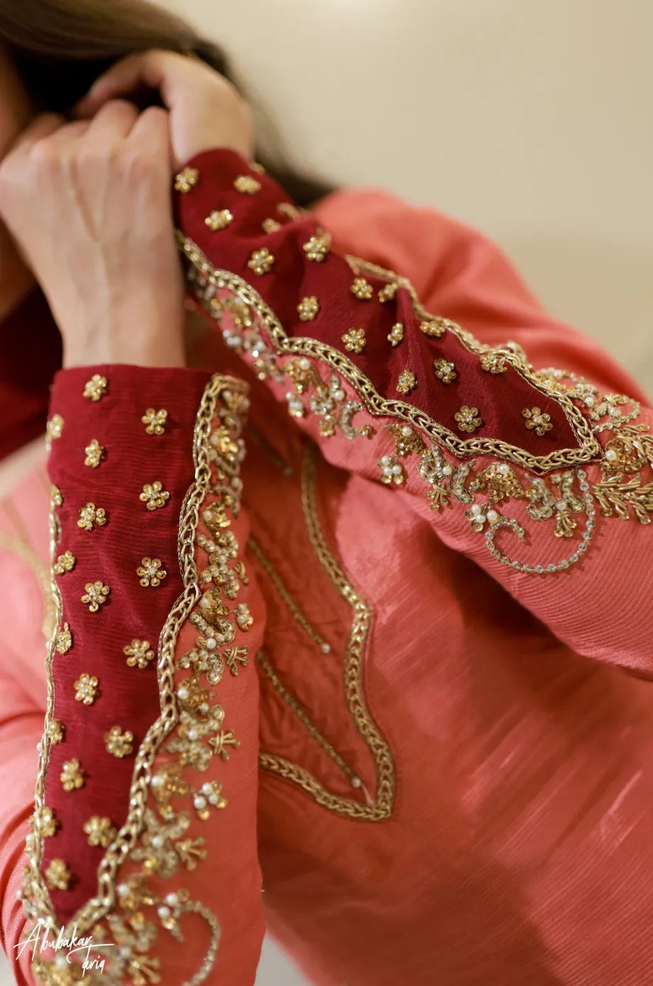 SOLID PEACH HAND EMBELLISHED KURTA WITH FARSHI SHALWAR AND DUPATTA