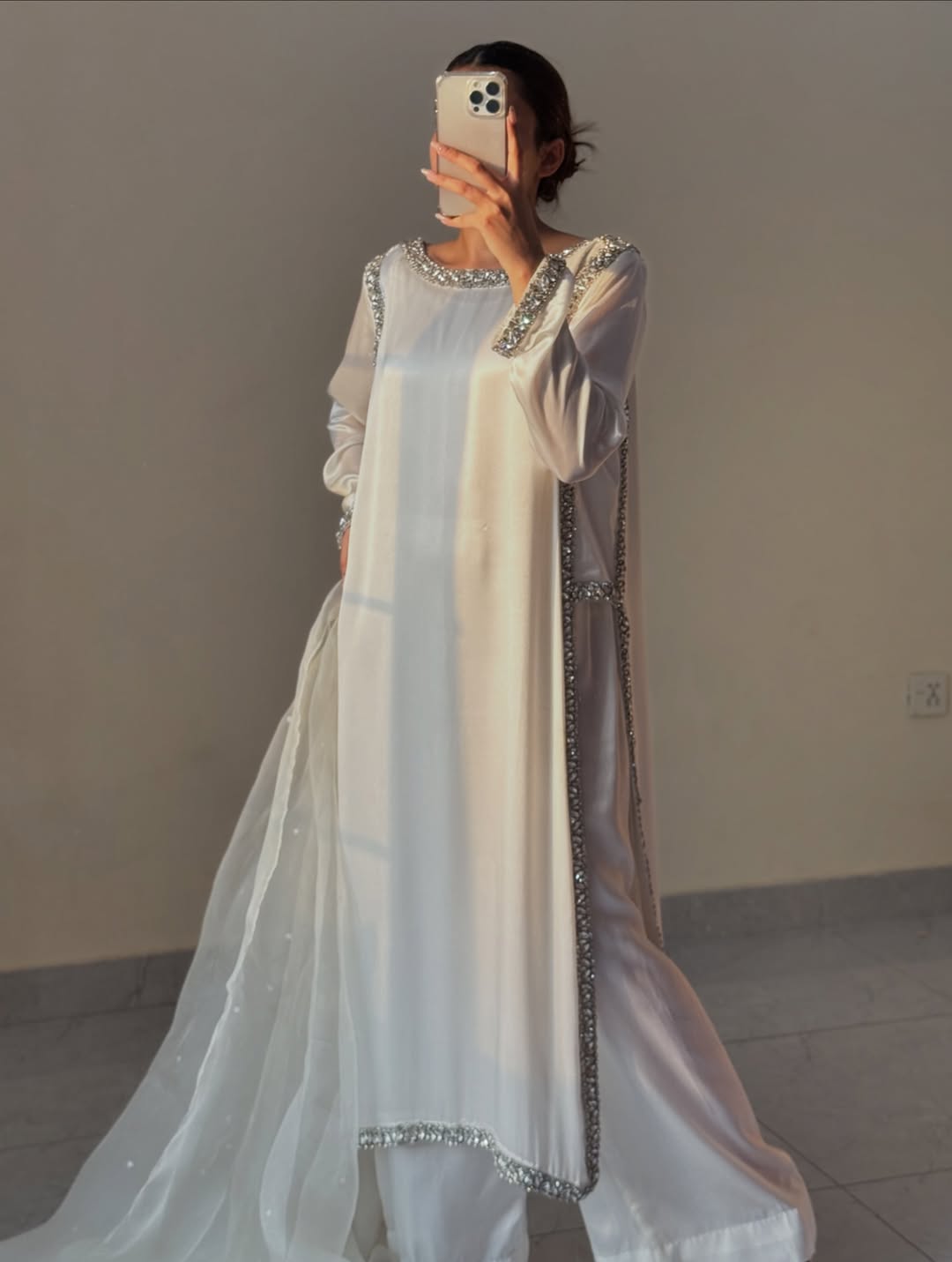 Ivory Silk Straight Kurti Set with Silver Crystal Stone Work & Dupatta