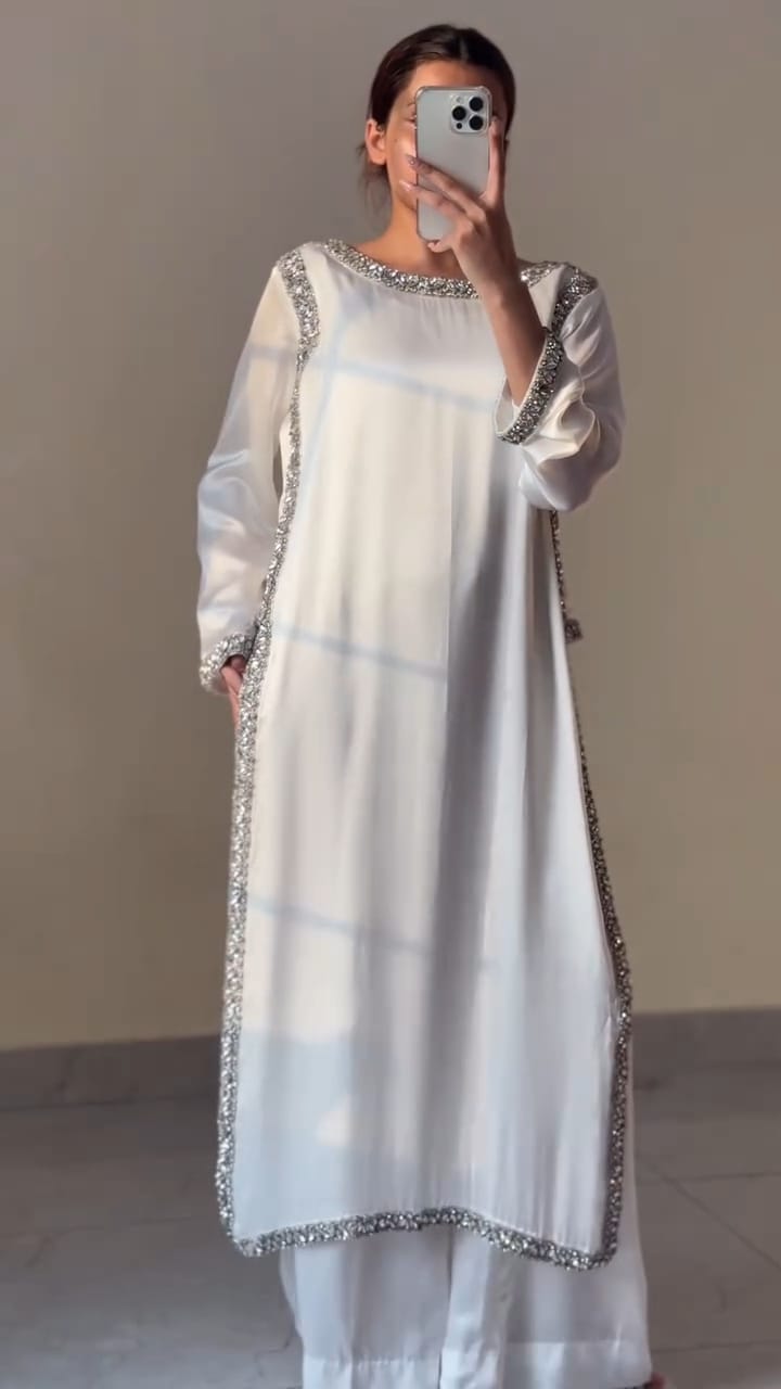 Ivory Silk Straight Kurti Set with Silver Crystal Stone Work & Dupatta