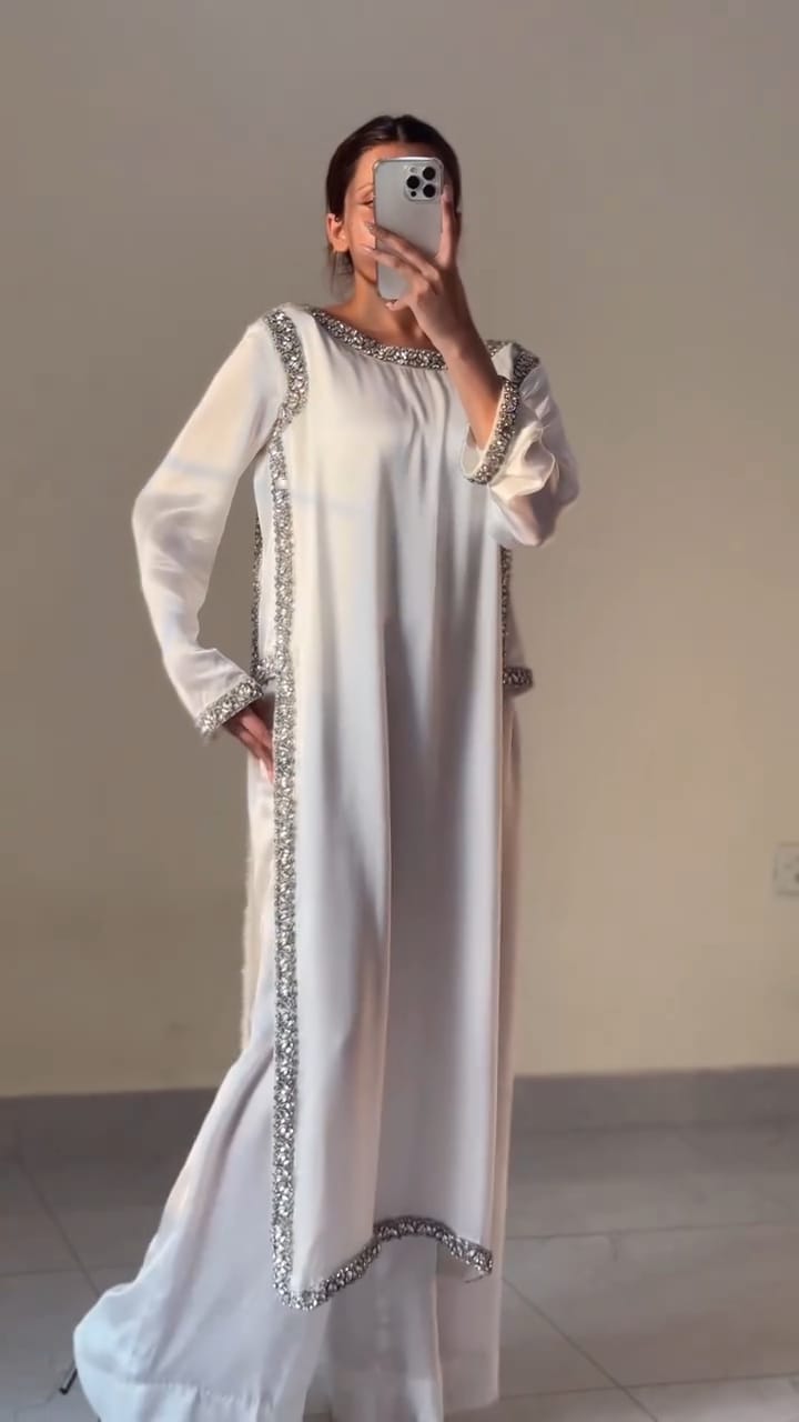 Ivory Silk Straight Kurti Set with Silver Crystal Stone Work & Dupatta