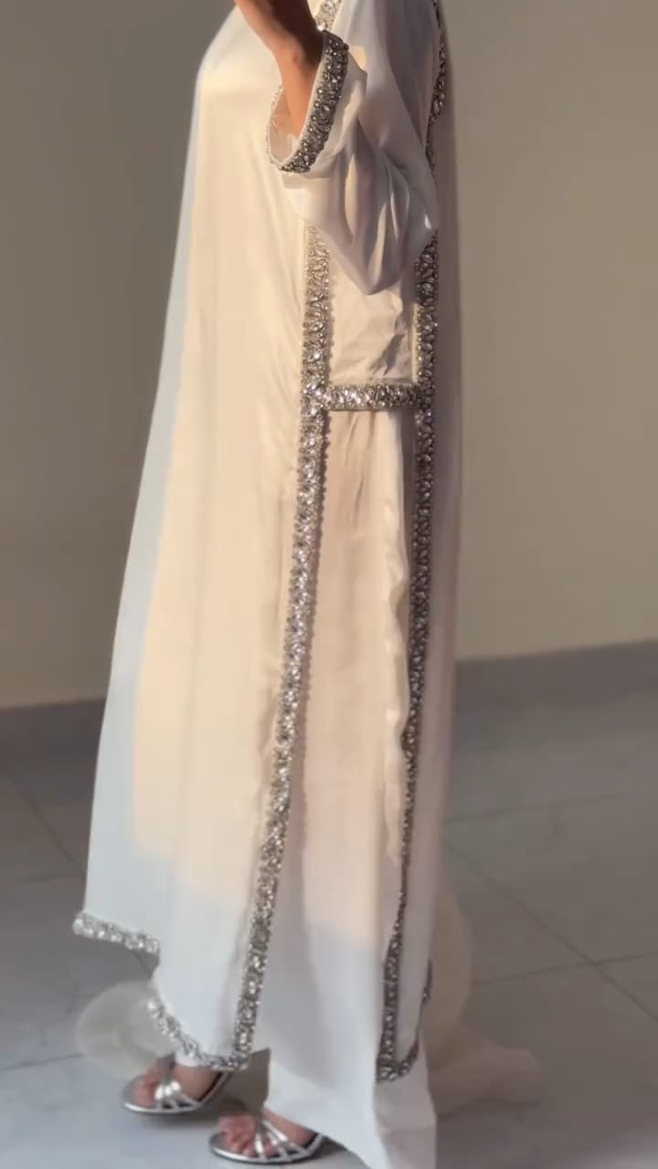 Ivory Silk Straight Kurti Set with Silver Crystal Stone Work & Dupatta