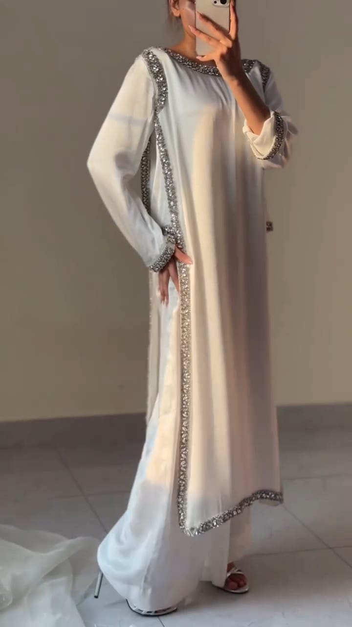 Ivory Silk Straight Kurti Set with Silver Crystal Stone Work & Dupatta