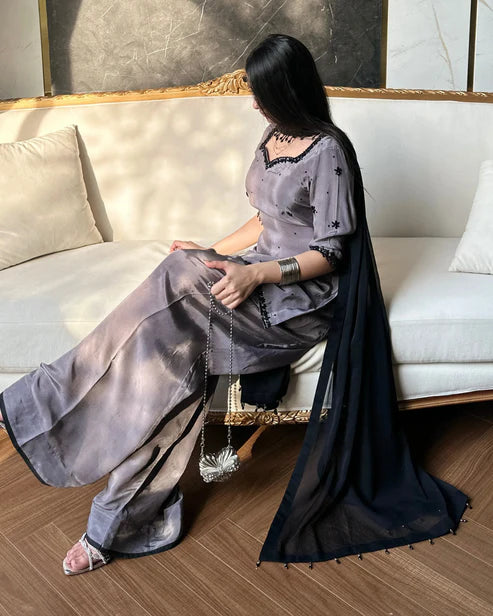 Husn Grey Sheesha Silk with Black